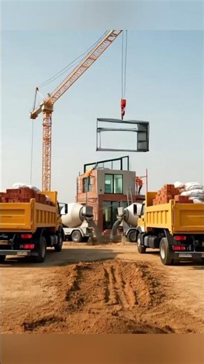 workers build modern house, machines operate, structure completes, workers step aside, finished home