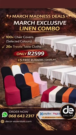 🔥 START YOUR EVENT BUSINESS OR UPGRADE YOUR SETUP FOR LESS! 🔥 . Our MARCH MADNESS DEALS are here — perfect for decor companies, event planners, and rental businesses looking to grow fast. . Here are some crazy deals available right now 👇 ⭐ Zama Zama Event Combo – ONLY R6499 Includes: ✔ 50 Zama Zama Chairs ✔ 8 Folding Tables ✔ 8 Premium Tablecloths ⭐ Luxury Cocktail Tables – FROM R2599 each Perfect for weddings, cocktail events & VIP lounges. ⭐ March Exclusive Linen Combo – ONLY R2599 ✔ 100 Ch