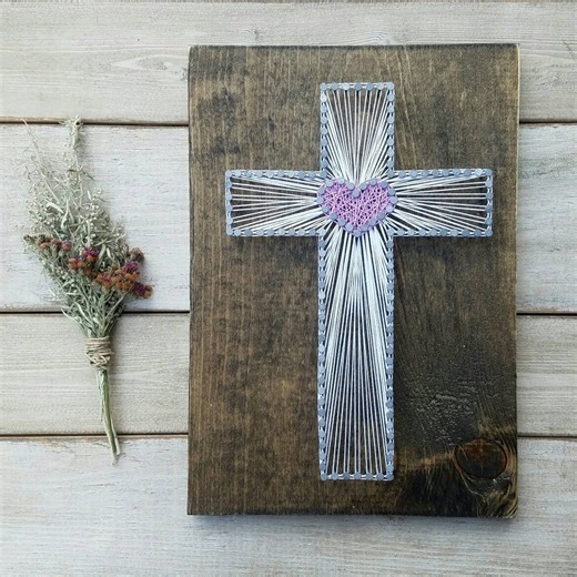 Cross String Art, Heart Decor, Rustic Wood Sign (9x13) - Etsy