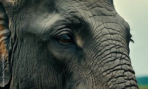 A close up of an elephant's face with its eyes closed. The elephant's eyes are brown and it has a wrinkled face