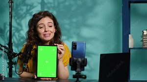 Content creator filming tech tutorial on how to repair damaged chroma key tablet. Technology guru in home studio teaching subscribers to install operating system on green screen device, camera A
