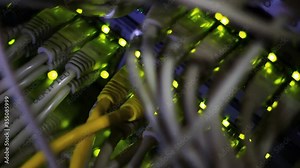 Working Ethernet switch close up. Blinking LED. 10/100/1000 Mpbs speed. Fully loaded and working fast. Top technology clip.