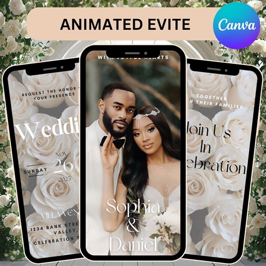 Animated Wedding Invitation Video, Elegant White Rose Digital Invite, Modern Neutral Wedding Einvite, Mobile RSVP, Canva Editable - Etsy