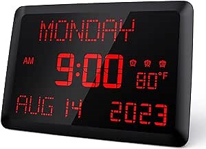 Digital Clock, 11.5" Large Display Digital Calendar Clock with Day and Date, Indoor Temperature, Adjustable Brightness, Snooze,12/24H, DST for Home, Office, Elderly
