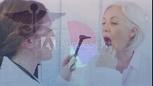 Statistical data processing and caduceus symbol over female dentist examining teeth of woman
