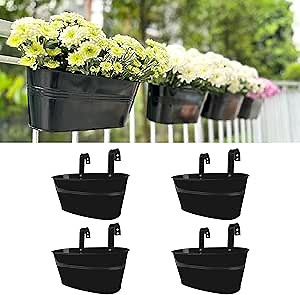 LaLaGreen Outdoor Rail Planter (11.8 Inch, 4 Pack) Black Metal Iron Hanging Flower Pots Deck Railings Fence Buckets Modern Countryside Boho Style Wall Mount Window Box Plant Holder Hooks Porch Decor