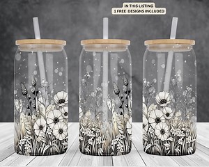 Black-white Flowers 16oz Glass Can Sublimation Watercolor Design-frosted-clear Libbey Beer Glass Can Wrap PNG Digital Instant Download. - Etsy