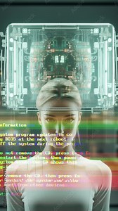 sequence of female robots with TV screens and helmets made with AI