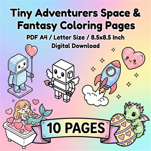 Tiny Adventure Space Fantasy Coloring Pages, Cute Dragon Mermaid Dinosaur Printable, Kawaii Robot UFO Art, Kids Coloring Book PDF, 10 Pages - Etsy