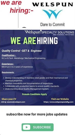 vacancy out by Welspun SPECIALTY SOLUTIONS for B.E and B TECH