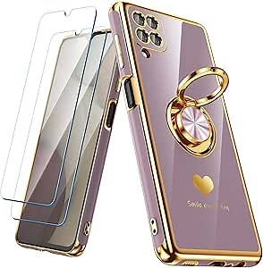 for Samsung Galaxy A12 Case with 2 Pack Screen Protector, 360° Rotatable Ring Holder [Luxury Hearts Pattern] Plating Gold Edge Slim Soft Phone Cover Case for Galaxy A12 - Light Purple