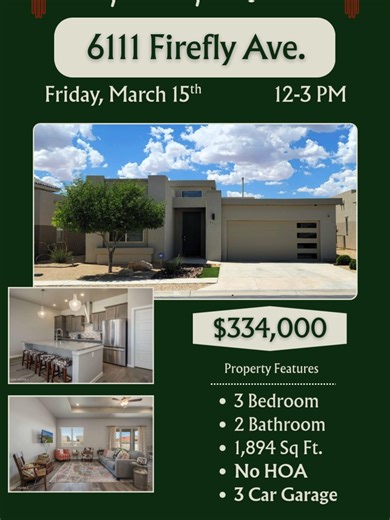 🏡🔑OPEN HOUSE!🔑🏡 📍6111 Firefly Ave., Las Cruces, NM 📅Sunday, March 15th | 12-3 PM 📲 Listed by Sherry Good 575-621-4903 📲 Hosted by Julia Ketsaa 575-343-6688 This exceptional custom-built home is crafted to impress and is ideally situated within the gated Pueblos at Alameda Ranch community RE/MAX Classic Realty 575-524-8788