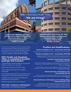 North Central Bronx We are hiring! Physician Assistant, Psych Social Health Technician and Clinical Laboratory Technologist - NYC Health   Hospitals