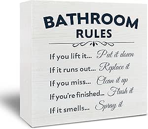 Funny Wooden Box Signs for Bathroom - Toilet and Restroom Decor for Shelves, Table, Farmhouse Rules Signs, 5x5 Inch, Blue