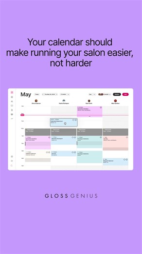 Stop letting calendar chaos cost your salon time and clients! With GlossGenius’s easy-to-use scheduling tools, you can edit appointments, manage team bookings, and access client info in seconds. | GlossGenius