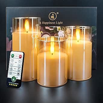 HL Gold Glass Flameless Candles with Remote 600Hours Battery Operated with Timer Flickering LED Pillar Candles Real Wax for Party, Wedding, Festival Tabletop Decoration D3 x H4 5" 6", Set of 3