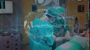 Animation of medical data processing over team of surgeons performing operation at hospital Stock Video