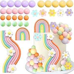 Rainbow Cake Topper Colorful Balls Blue Dog Cake Decorations Daisy Flower Retro Hippie Groovy Cake Topper for Baby Shower Birthday Party Supplies