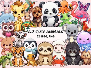 Cute Animals Clipart | A-Z Animal Graphics | Kawaii Animals Clipart | Safari Animals | 52 PNG and JPEG Printable Stickers - Etsy