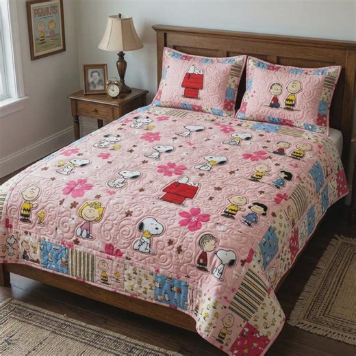 Sweet Pink Peanuts Charlie Brown Snoopy Patchwork Quilt Set Cozy Floral Bedroom Decor for Kids Girls Cute Cartoon Blanket Gift Idea - Etsy