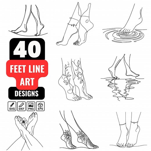 Feet Line Art SVG Bundle | 40 Minimalist Female Foot One Line Drawing PNG | Boho Feet Outline Tattoo Clipart for Cricut - Etsy