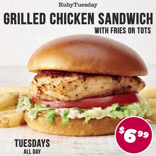 Tuesday $6.99 Deals 🔥 American Smashed Burger - Ruby’s Cheeseburger - Grilled Chicken, Crispy Chicken, or Blackened Fish Sandwich. All served with fries or tots. Kids Eat FREE After 4 pm | Ruby Tuesday