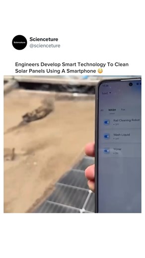 Scienceture on Instagram: "Engineers at Infosys have developed a groundbreaking solar panel cleaning robot that integrates smartphone control for on-demand, intelligent maintenance. The system uses AI-driven vision to detect dirt and debris in real time, deploying dry brushes or targeted wet sprays only where needed, slashing water use by up to 90 percent. Operators monitor and activate cleaning via a mobile app, which connects to the cloud platform for fleet management, IoT data, and performanc
