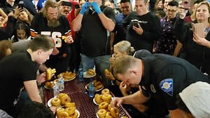 Part of the cookout last night was a doughnut eating contest between officers and members of the community. 1st Detail Officer A. Dawson downed all 8 in 1:33 seconds. It wasn't even close. 🍩👍 Special thanks to Martin's Super Markets for the doughnuts!! | South Bend Police Department