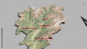 Seamless looping animation of the 3d terrain map of Andorra with the capital and the biggest cites in 4K resolution