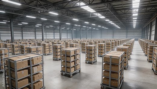 Organized storage distribution center with stacked boxes on carts logistics network transportation, warehouse.