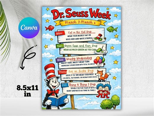 Editable Dr. Seuss Template | School Reading Flyer | Printable & Digital Use Canva Template | Instant Download - Etsy