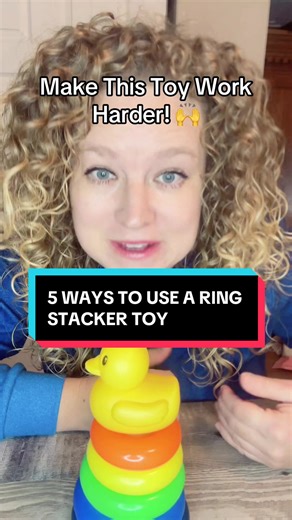 Stacking ring toys build more than just stacking skills. As a developmental therapist, I use ring stackers to work on fine motor skills, coordination, visual motor integration, and problem solving. Simple toys support big developmental milestones when used intentionally. Save this for your next play session. #toddlerplay #stackingrings #developmentaltoys #finemotorskills #earlylearning