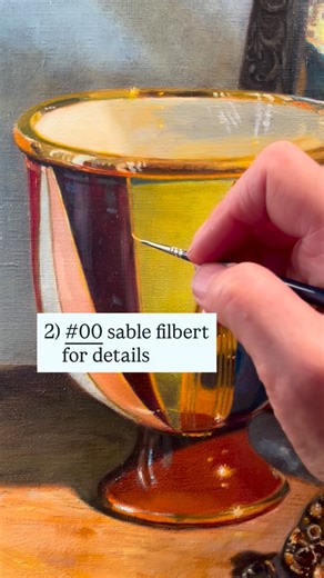 Linda Mann on Instagram: "Your paintbrush needs will depend on what kind of painting you do, of course. For my life-size realist still lifes done in oil, I mostly use sable filberts in the smaller sizes, ranging from 000-6. A filbert (which is a flat with its end rounded into an oval shape) is very versatile. It makes a broad stroke with a soft top line. Turned on its side, it can produce a very thin line. The smallest sizes are great for small details. The bigger ones are good for putting down