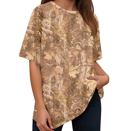 Women Summer Casual Shirts Plus Size Camo Printed Crew Neck Short Sleeved Pullover Tops Stretch Comfy Loose Fit Workout Tees