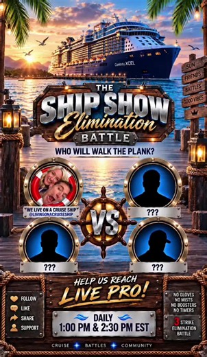 ⚓ The ultimate showdown on the open ocean is here! 🌊 Get ready for the high stakes action of The Ship Show Elimination Series where four teams fight for survival. Watch as fierce competition meets maritime excitement in this daily broadcast. We live on a cruise ship and bring you the most intense tournament action right from the sea. #WeLiveOnACruiseShip #TikTokLive #LiveBattles #TikTokBattles #GiftGoals
