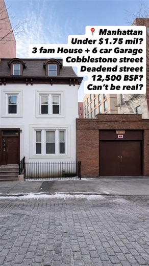 Adis Kolenovic on Instagram: "Can’t be real. Manhattan. Cobblestone street. Cul-de-sac. Steps from Rao’s & Patsy’s 🍝 with a garage? Three-family + 25’×50’ garage (12’ ceilings) Full basement ~up to 13,000 buildable SF zoning upside ✔️ Live in it ✔️ Renovate + hold ✔️ Rent it ✔️ Use the garage as a private warehouse or flex space Under $1.75M in Manhattan — unheard of. DM me your full name, cell and email for details. PRINCIPAL ONLY #ManhattanRealEstate #NYCUnicorn #OffMarketNYC #CobblestoneStre