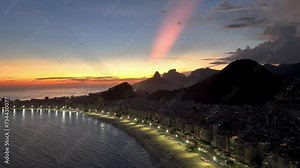 Sunset Sky At Copacabana Beach Rio De Janeiro Brazil. Maritime Coastlines. Sunrise Horizon Beach Sea. Sunrise Outdoor Beach City Panning Wide. Sunrise Sea Sunset Sundown.