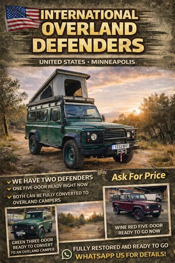 🇺🇸 Defender 300Tdi — now in Minneapolis. Two fully restored Defenders from Spain, equipped with roof racks, snorkels, winches, and beautifully finished interiors — ready for adventure in the USA. 🟢 The green three-door is the perfect platform for an overland camper build. 🍷 The wine red five-door is ready to drive or can also be converted. Looking to build your dream expedition Defender? We can connect you with Wesley at International Overland — Minneapolis — to create a bespoke off-road cam