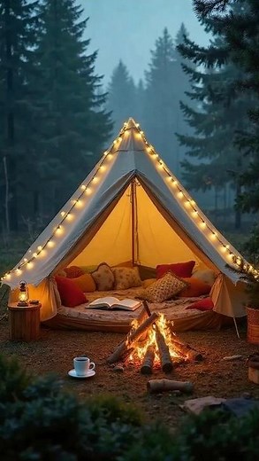 Cozy Camping Tent with Fire & Fairy Lights | Relaxing Forest Escape #campingvibes #forest #cozytent