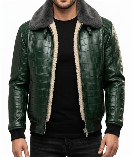 Green Crocodile Embossed Leather Jacket - Shearling Collar, Winter Bomber - Etsy