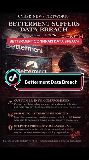 Betterment has confirmed a data breach after unauthorized access to third-party systems led to a surge in crypto-related scam messages sent to customers. While no account balances or Social Security numbers were exposed, contact and profile information may have been accessed, increasing the risk of phishing and fraud. Customers are urged to reset passwords, enable MFA, and remain alert.