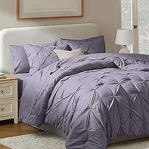 Nestl California King Comforter Set 7 Piece - Pintuck Cal King Comforter Set Grayish Purple, California King Bed in a Bag, All Season Bed Set with Flat Sheet and Fitted Sheet, Pillowcases and Shams