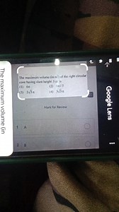 The maximum volume (in \mathrm { m } ^ { 3 } ) of the right cir... | Filo