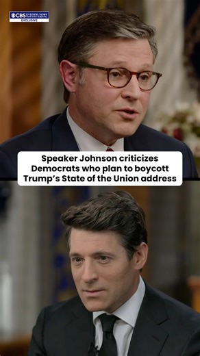 EXCLUSIVE: House Speaker Mike Johnson urged lawmakers to “maintain decorum and the dignity of the office” while criticizing dozens of Democrats planning to boycott President Trump’s State of the Union address. Watch more of the interview tonight at 6:30 p.m. ET on the CBS Evening News with Tony Dokoupil. | CBS Evening News
