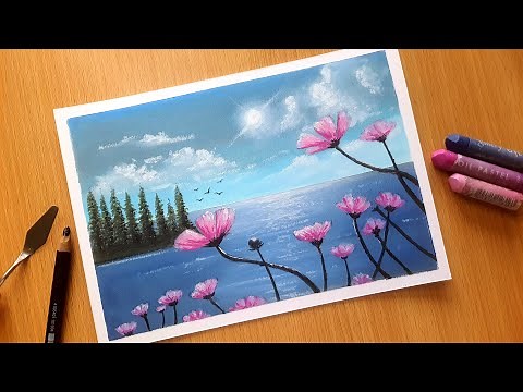 Oil Pastel Easy Drawing for Beginners / SPRING FLOWERS / Oil Pastel Nature Scenery Drawing