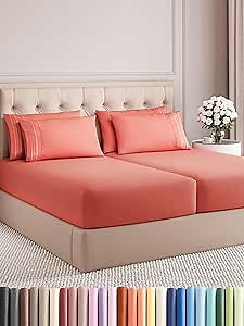Split King 7 Piece Sheet Set - Comfy Breathable & Cooling - Ultra-Soft Hotel Luxury Bedding Set w/ 8-16 Inch Deep Pockets - 1 Flat & 2 Fitted Sheet & 4 Pillowcases - Wrinkle Free & Easy Care - Coral