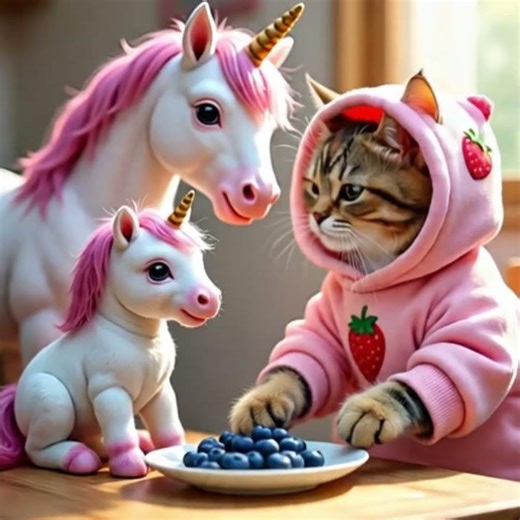 Cute Cat in Strawberry Hoodie Meets Baby Unicorn | Ultra HD Fantasy Video #funnyvideo #cat #cute