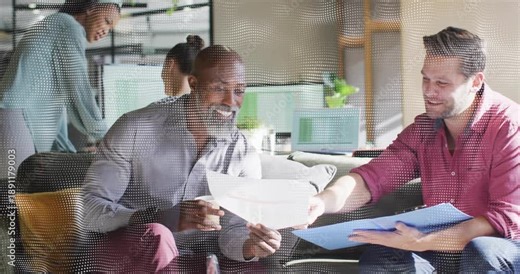Man opening blue folder, colleague comparing sheet in office, halftone overlay aiding design review