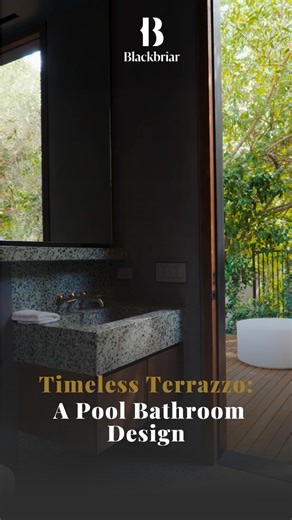 Blackbriar Development on Instagram: "A pool bathroom that redefines design. Featuring a Venice Mint terrazzo surface, an integrated sink, and a seamless flow between indoor and outdoor spaces — natural elegance in every detail. #blackbriarconstruction #luxuryhomes #modernarchitecture #interiordesign #terrazzo #customhomes"