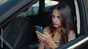 girl using smart phone voice recognition, dictates thoughts, voice dialing message speech ai helper at car driver inside student model young